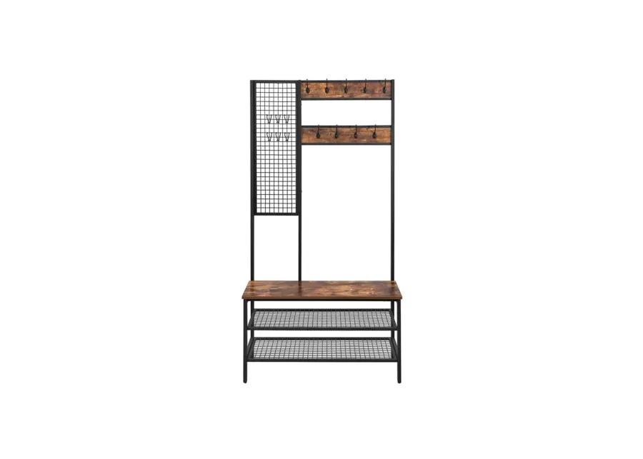 BreeBe Industrial Coat Rack Shoe Bench with Grid Wall