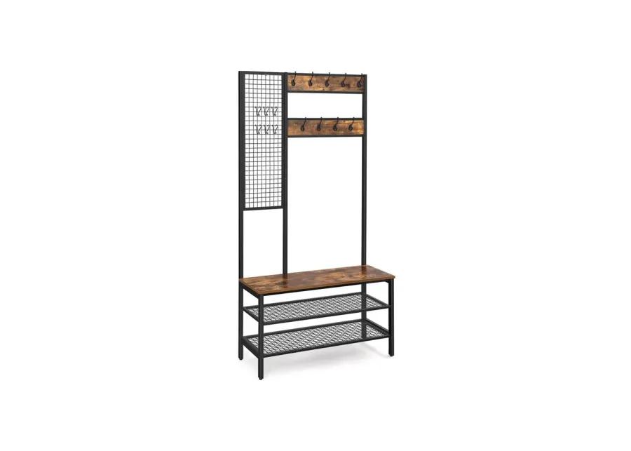 BreeBe Industrial Coat Rack Shoe Bench with Grid Wall