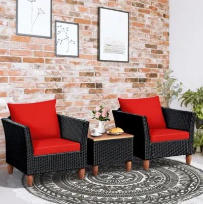 Hivvago 3 Pieces Patio Wicker Furniture Set with Cushions and Acacia Wood Coffee Table Outdoor