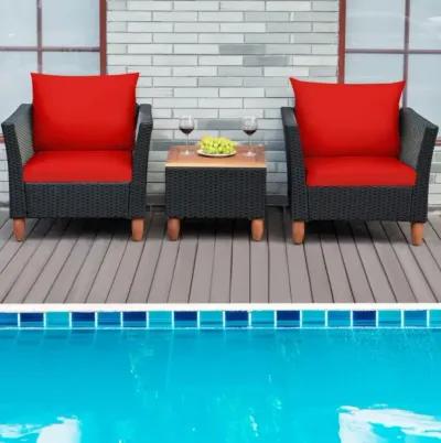 Hivvago 3 Pieces Patio Wicker Furniture Set with Cushions and Acacia Wood Coffee Table Outdoor