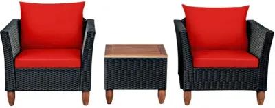 Hivvago 3 Pieces Patio Wicker Furniture Set with Cushions and Acacia Wood Coffee Table Outdoor