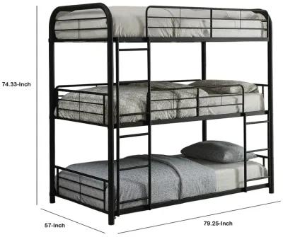 Triple Layer Full Size Metal Bunk Bed with Attached Ladder, Black-Benzara