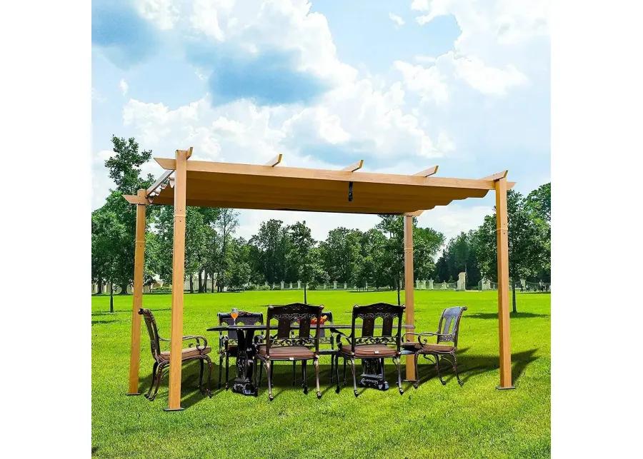 MONDAWE 10 ft. x 13 ft. Outdoor Pergola Aluminum Wood Looking Frame Retractable Canopy Heavy Duty Grape Trellis Sunshade Cover