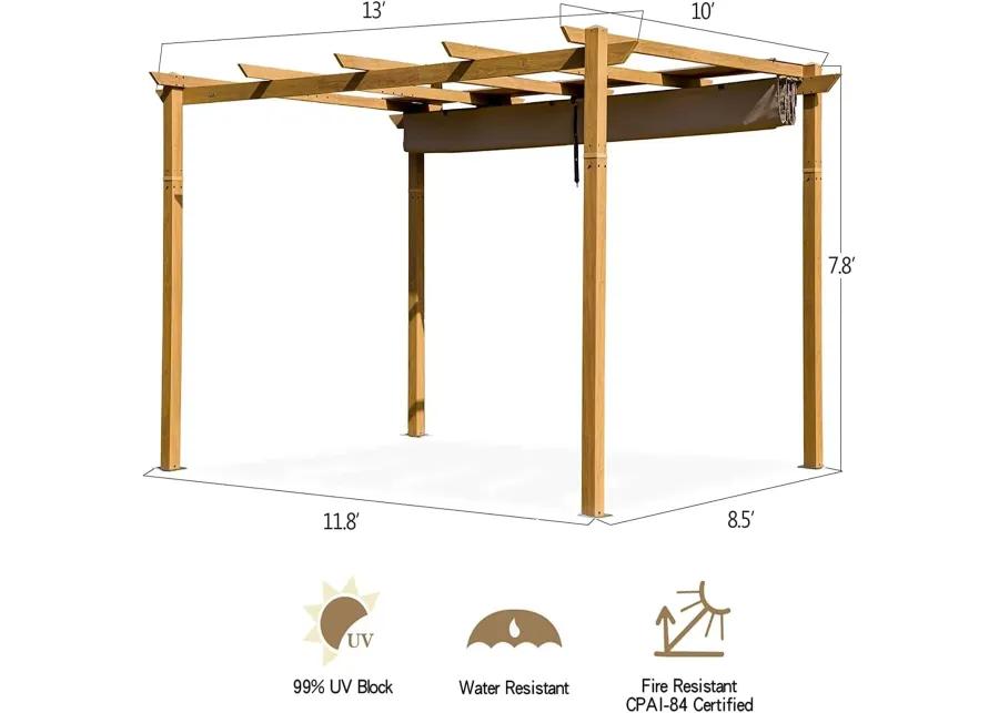 MONDAWE 10 ft. x 13 ft. Outdoor Pergola Aluminum Wood Looking Frame Retractable Canopy Heavy Duty Grape Trellis Sunshade Cover