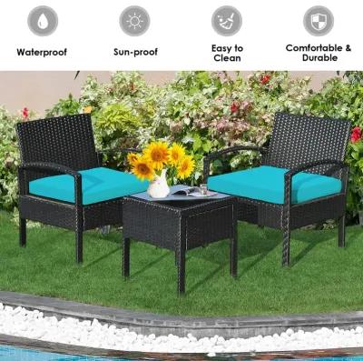 3 Pieces Outdoor Rattan Patio Conversation Set with Seat Cushions