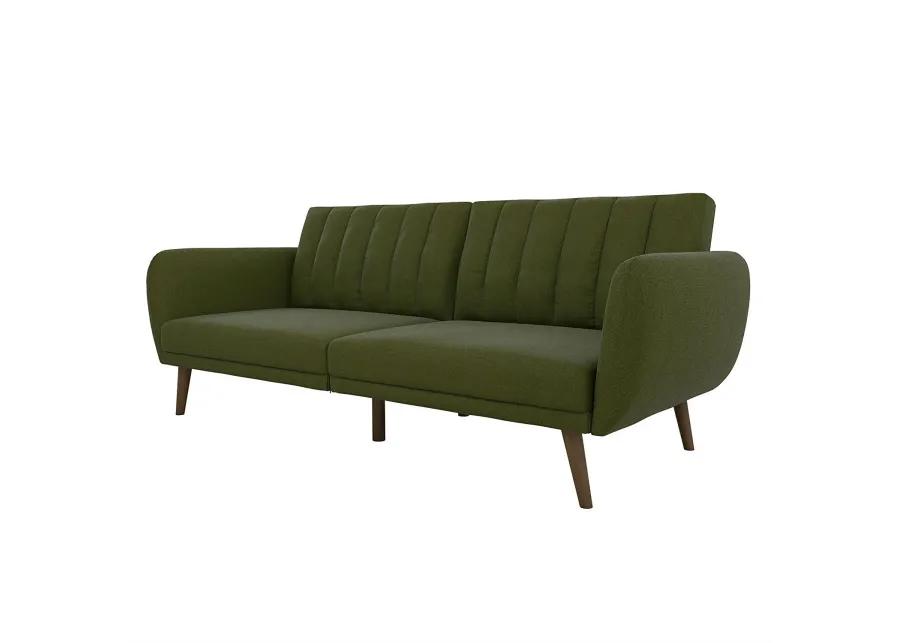 Linen Upholstered Futon Sofa Bed with Mid Century Style Wooden Legs