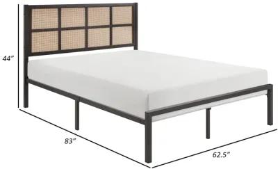 Annie Queen Platform Bed, Framed Faux Cane Panel Headboard, Dark Bronze - Benzara