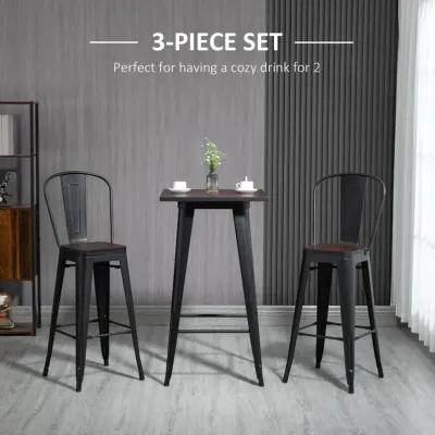 HOMCOM 3 Piece Industrial Dining Table Set, Bar Height Bar Table and Chairs Set with Footrests for Bistro, Pub, Black, and Brown