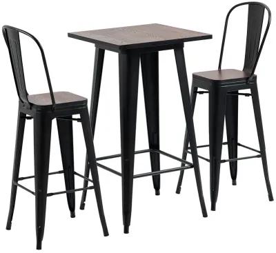 HOMCOM 3 Piece Industrial Dining Table Set, Bar Height Bar Table and Chairs Set with Footrests for Bistro, Pub, Black, and Brown