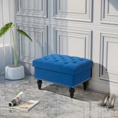 Blue Versatile Seating: 25" Tufted Storage Ottoman with Wood Legs