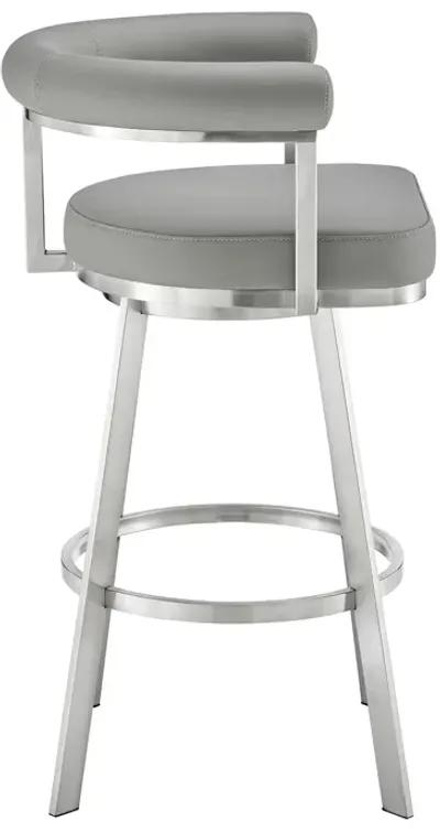 Weni 26 Inch Swivel Counter Stool, Barrel Open Back, Light Gray, Chrome - Benzara