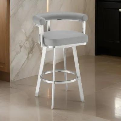 Weni 26 Inch Swivel Counter Stool, Barrel Open Back, Light Gray, Chrome - Benzara