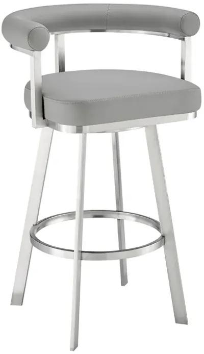 Weni 26 Inch Swivel Counter Stool, Barrel Open Back, Light Gray, Chrome - Benzara