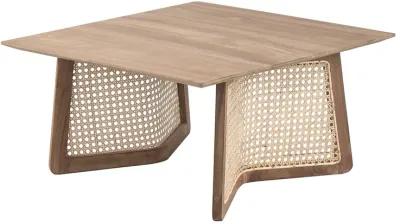 28 Inch Coffee Table, Square Top, Rattan Cane Base, Teak Wood, Brown  - Benzara