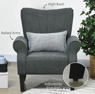 HOMCOM Fabric Accent Chair, Mid-Century Modern Armchair with Wood Legs, Soft & Padded, Rolled Arms, Upholstered Single Sofa Side Chair for Living Room, Dark Gray