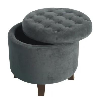 Button Tufted Velvet Upholstered Wooden Ottoman with Hidden Storage, Gray and Brown - Benzara