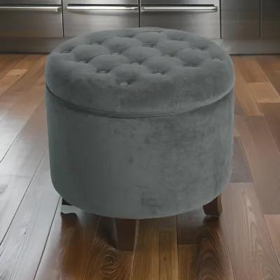 Button Tufted Velvet Upholstered Wooden Ottoman with Hidden Storage, Gray and Brown - Benzara