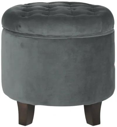 Button Tufted Velvet Upholstered Wooden Ottoman with Hidden Storage, Gray and Brown - Benzara