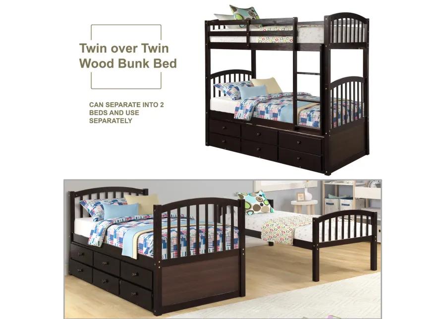 Twin Bunk Bed With Ladder, Safety Rail, Twin Trundle Bed With 3 Drawers For Teens Bedroom