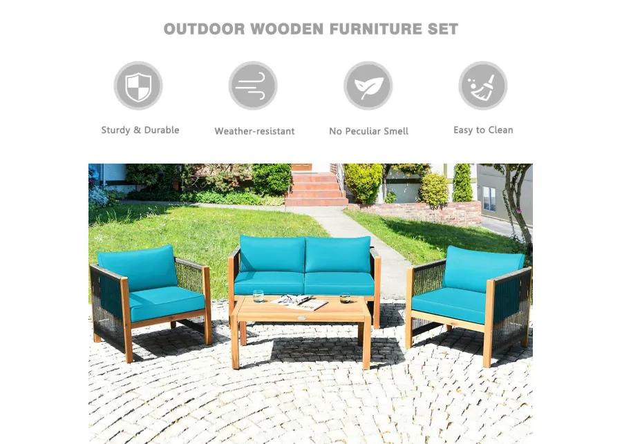 4 Pieces Acacia Wood Outdoor Patio Furniture Set with Cushions