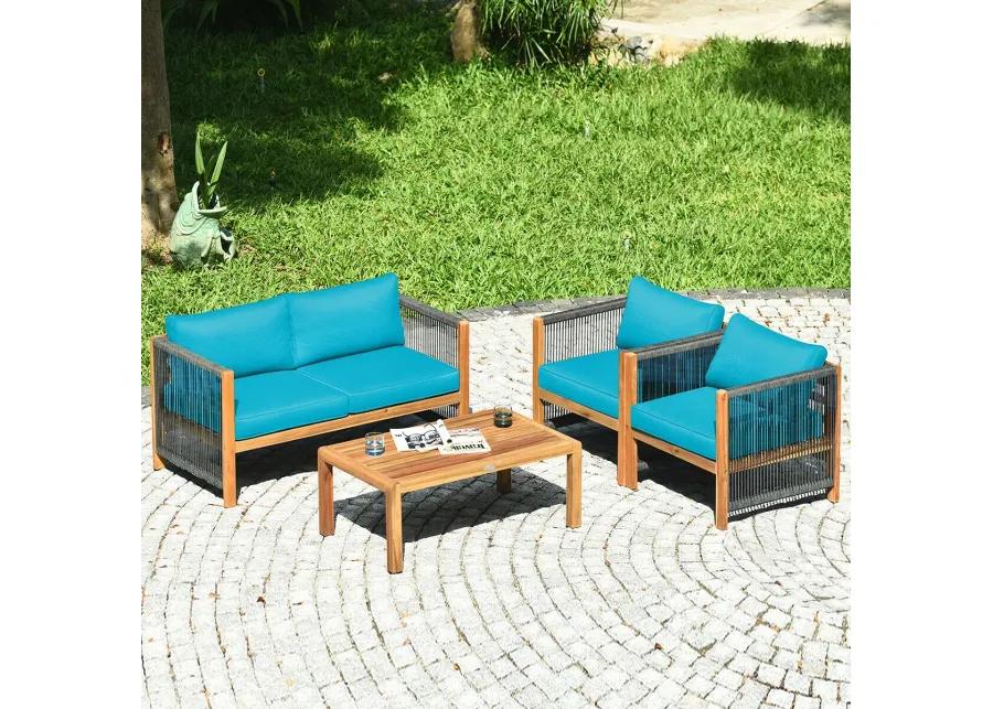 4 Pieces Acacia Wood Outdoor Patio Furniture Set with Cushions