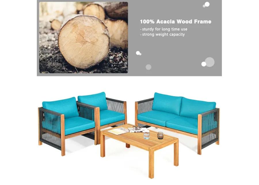 4 Pieces Acacia Wood Outdoor Patio Furniture Set with Cushions