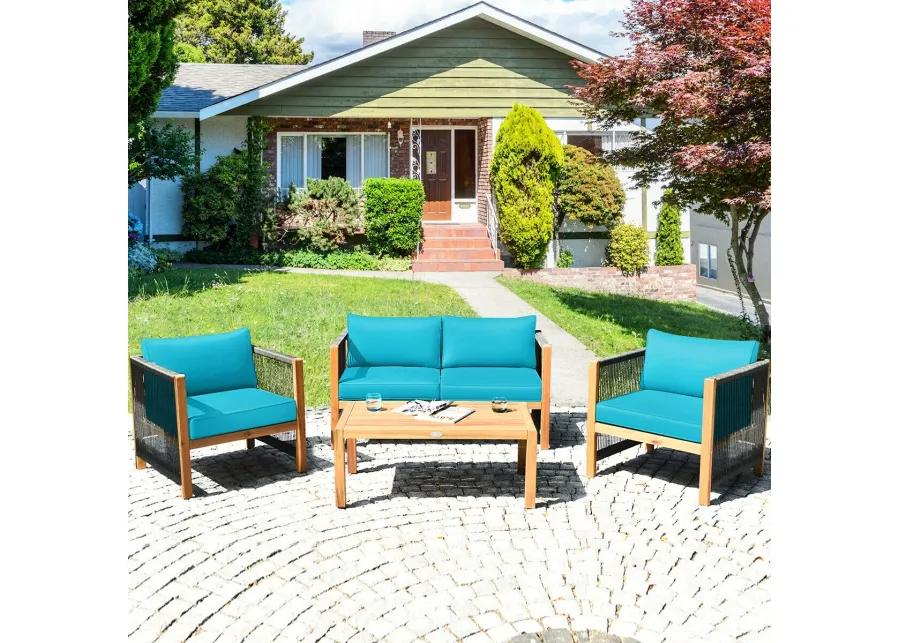 4 Pieces Acacia Wood Outdoor Patio Furniture Set with Cushions