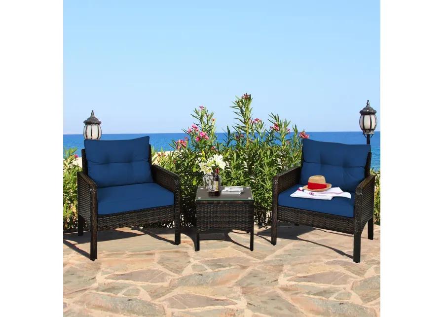 3 Pieces Outdoor Patio Rattan Conversation Set with Seat Cushions