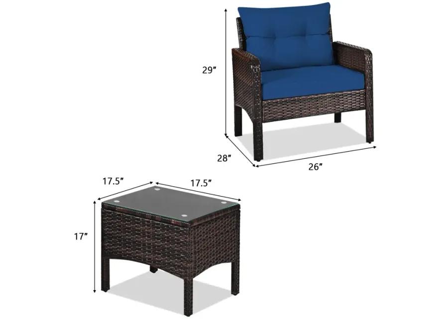 3 Pieces Outdoor Patio Rattan Conversation Set with Seat Cushions