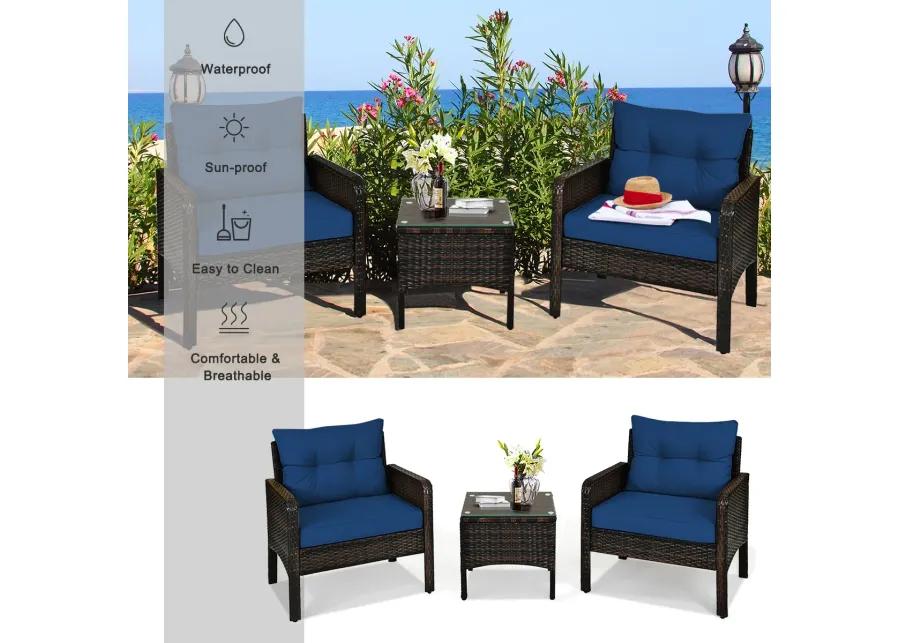 3 Pieces Outdoor Patio Rattan Conversation Set with Seat Cushions