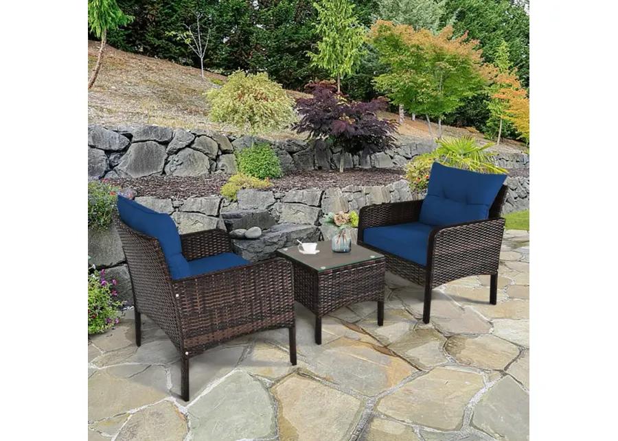 3 Pieces Outdoor Patio Rattan Conversation Set with Seat Cushions