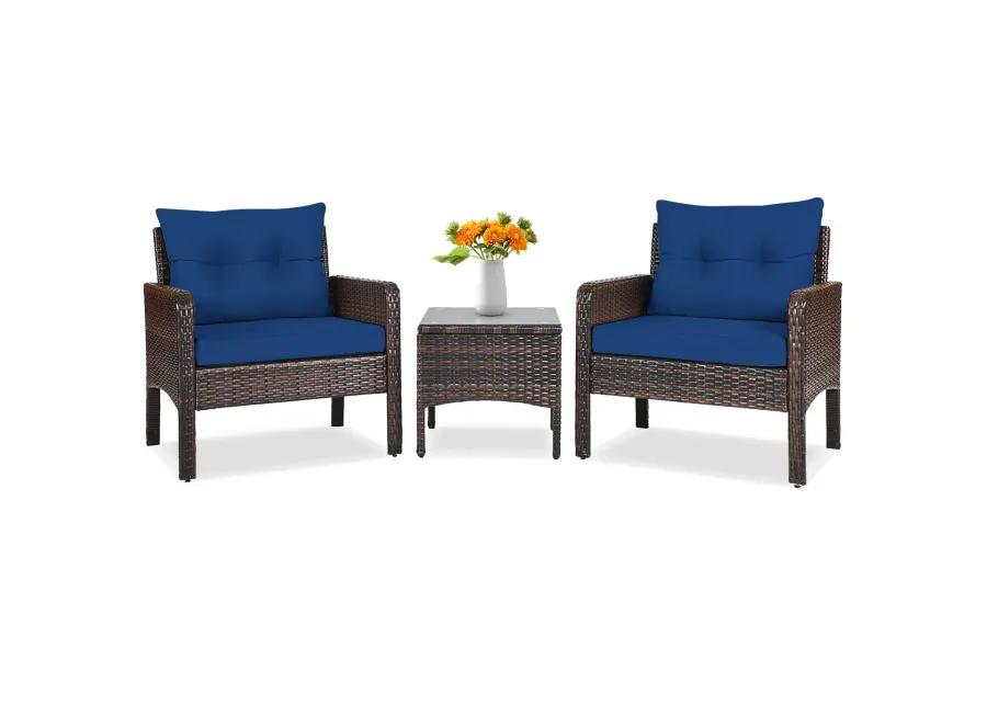 3 Pieces Outdoor Patio Rattan Conversation Set with Seat Cushions