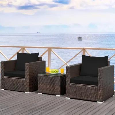 3 Pcs Patio Conversation Rattan Furniture Set with Cushion