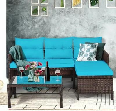 3 Pieces Outdoor Patio Corner Rattan Sofa Set-Turquoise