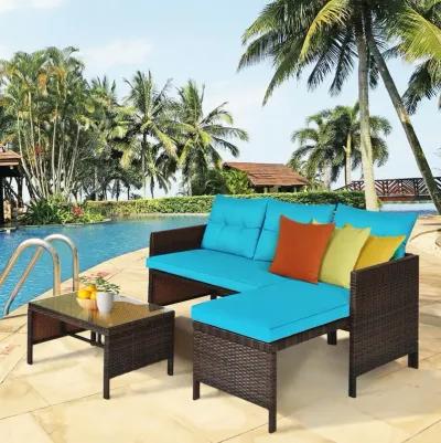 3 Pieces Outdoor Patio Corner Rattan Sofa Set-Turquoise