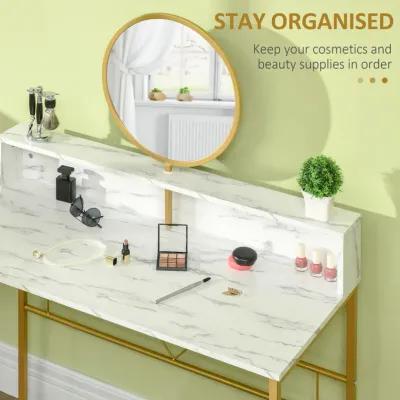 White/Gold Makeup Station: Faux Marble Vanity Desk with Mirror