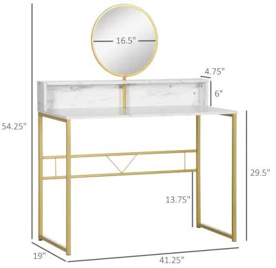 White/Gold Makeup Station: Faux Marble Vanity Desk with Mirror