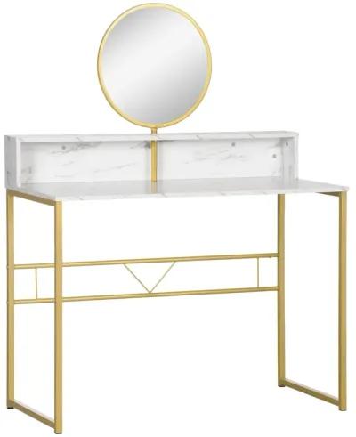 White/Gold Makeup Station: Faux Marble Vanity Desk with Mirror