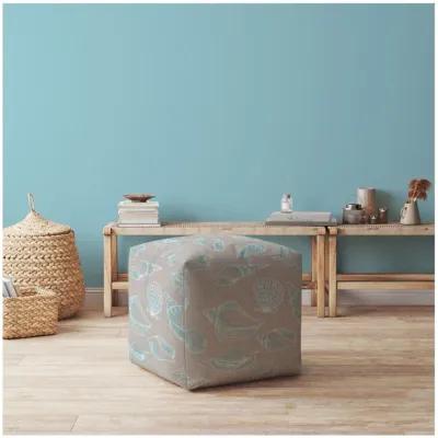 Homezia 17" Light Blue And Grey Canvas Seashell Print Pouf Ottoman