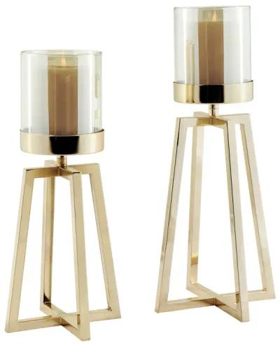 Maeve Tinted Glass Warm Gold Pedestal Hurricane Candle Holders - Set of 2