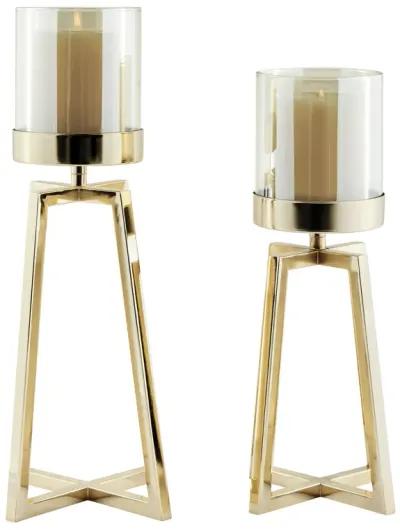 Maeve Tinted Glass Warm Gold Pedestal Hurricane Candle Holders - Set of 2