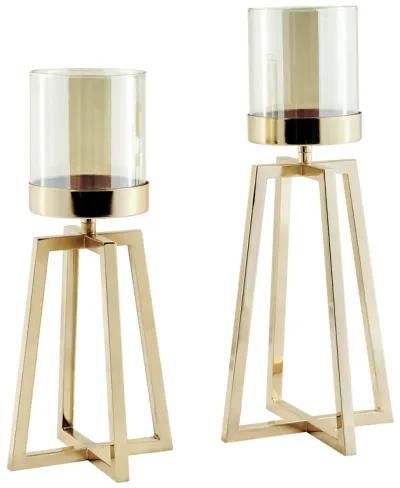 Maeve Tinted Glass Warm Gold Pedestal Hurricane Candle Holders - Set of 2