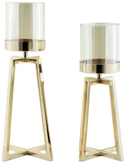 Maeve Tinted Glass Warm Gold Pedestal Hurricane Candle Holders - Set of 2