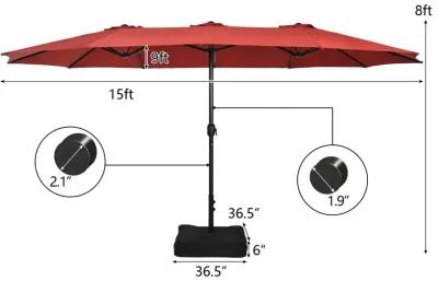 15-Foot Double-Sided Twin Patio Umbrella with Crank Handle and Base