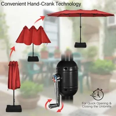 15-Foot Double-Sided Twin Patio Umbrella with Crank Handle and Base