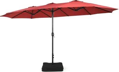 15-Foot Double-Sided Twin Patio Umbrella with Crank Handle and Base