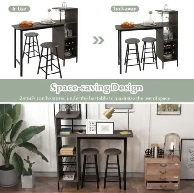 3 Piece Bar Table and Chairs Set with 6-Bottle Wine Rack