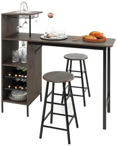 3 Piece Bar Table and Chairs Set with 6-Bottle Wine Rack