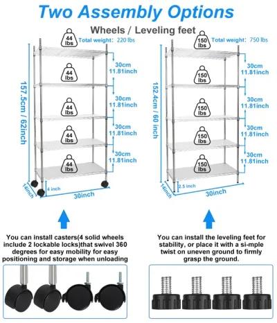 5 Tier Shelf Wire Shelving Unit, NSF Heavy Duty Wire Shelf Metal Large Storage Shelves Height Adjustable Utility for Garage Kitchen Office Commercial Shelving Steel Layer Shelf - Chrome