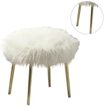 Faux Fur Upholstery Ottoman in White and Gold